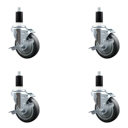 Service Caster 4'' SS Thermoplastic Rubber Swivel 1-3/8'' Expanding Stem Caster Set with Brake, 4PK SCC-SSEX20S414-TPRB-TLB-138-4